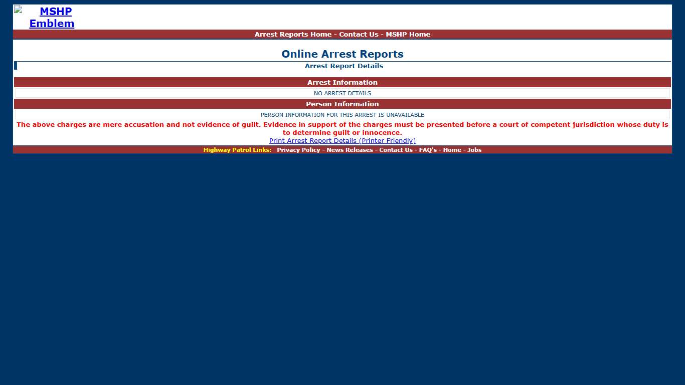 Missouri State Highway Patrol - Arrest Report Details